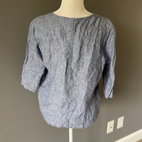 Sigrid Olsen 100% Linen Button Up 3/4 Sleeve Oversized Blouse Chambray Blue - Picture 6 of 11